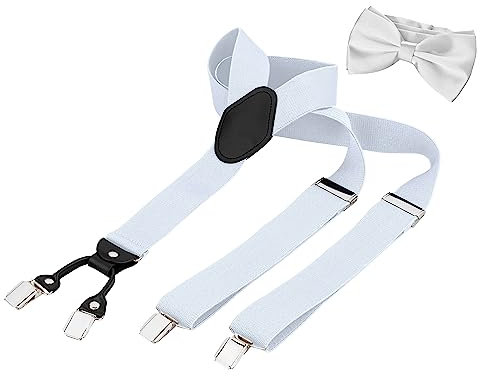 BomGuard Herren Hosenträger + Fliege Männer Set Mann,3,5 cm breit,weiss