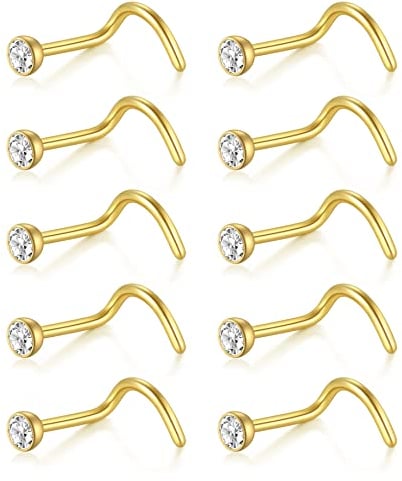 10pcs Nose Studs 22G Gold Nose Screw Rings Stainless Steel Crystal 0.6mm Nose Piercing Jewellery