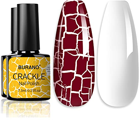 BURANO Crackle Gel Nail Polish, Cracked Nail Polish Red Color + White Gel Nail Polish 2 Bottles Set Air Dry UV LED Lamp Needed (Red)