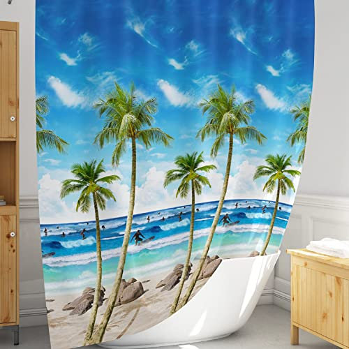 Rideaux de Douche décoratifs imperméables de thème Plage de Palmiers | Rideau de Salle de Douche Design agréable en Tissu Lavable | Rideau de Douche Polyester 180x200 en Textile Anti moisissure