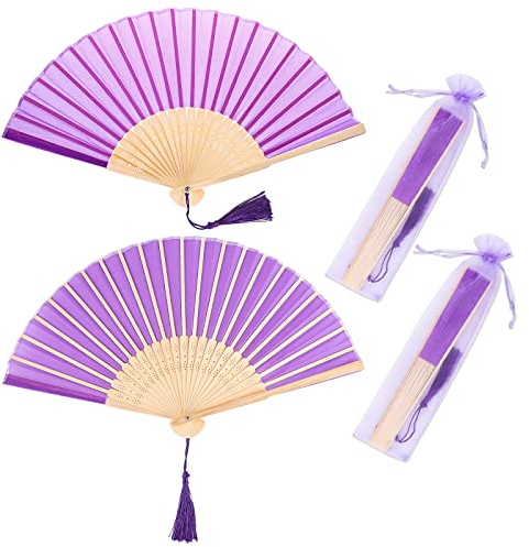 Vaktop Handfächer, 2er Klein Handfächer aus Stoff für eine Abkühlung im Sommer, Faltbar Handfächer mit Quaste und Fan-Tasche - für Hochzeite Bevorzugung Aufführung Tanz Dekoration (Helles Lila)
