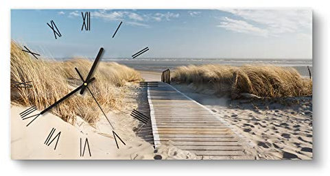 DEQORI Glasuhr | vertikal 60x30 cm | Motiv Strandaufgang am Meer | große XXL Design Uhr aus Glas | leise Wanduhr für Wohnzimmer & Küche | Moderne Hingucker Uhr für die Wand