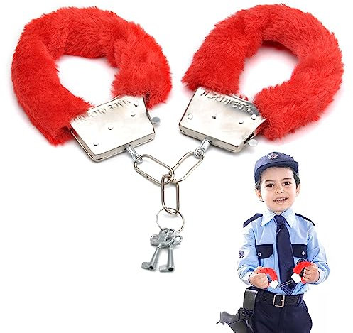 HENGBIRD Flauschige Handschellen Flauschige Metall Handschellen mit 2 Schlüsseln Plüschtier Metall Pelz Handschellen Polizei Kostüm Zubehör für Kinder Party Requisit Spiel (Rot)