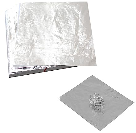 200 Pezzi fogli Foglio imitazione foglia d'argento 14x14cm per la decorazione artigianale di progetti artistici, doratura, creazione fai-da-te (argento)