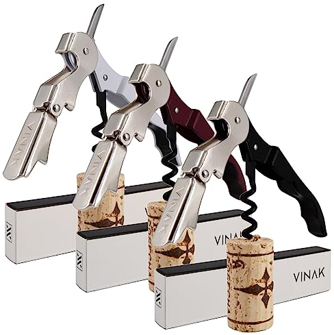 VINAK - 3 UNITÉS Tire-bouchon professionnel ECO en acier inoxydable avec double support articulé + ouvre-bouteille + couteau coupe-capsule et spirale revêtue de téflon