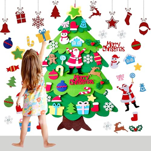 OUQIWEN Filz Weihnachtsbaum,DIY Filz-Weihnachtsbaum mit 32 Stück Abnehmbaren Hängenden Ornamenten,Home Tür Wand Weihnachten Dekoration,Kinder Weihnachten Geschenk
