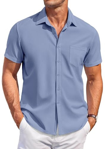 COOFANDY Hombres Camisa de Manga Corta Camisa Casual con Botones Regular Fit Camisa de Verano con Bolsillo Azul Marino XXL