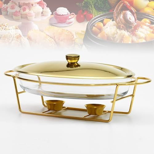 3L Food Warming Container, Chafing Dish Buffet Set with Glass Pot, Metal Lid, Stainless Steel Stand, Heat Container for Parties Buffets Weddings Parties Banquets Catering Events gold