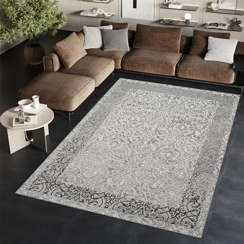 TAPISO Ares Teppich Kurzflor Glänzend Hellgrau Weiß Blumen 80 x 150 cm