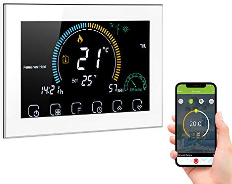 Aoresac Termostato 95-240 V Wi-Fi Smart Termostato programmabile 5+1+1 Sei periodi Controllo vocale APP Retroilluminazione LCD Acqua/Gas Caldaia Caldaia Caldaia Riscaldamento (Bianco)