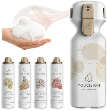 YOUCISION® 3-in-1 Duschschaum Spender – individuell mischbar & nachfüllbar – vegan, hautfreundlich & nachhaltig – Made in Germany – mit 4 Kartuschen (Dein Starter-Set, Duftreise)