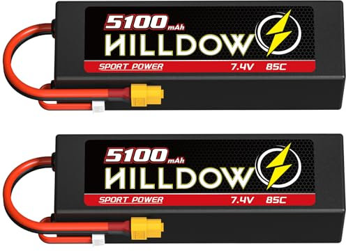 2S LiPo Batterie 5100mAh 7,4 V 85C RC Batterie mit Hartgehäuse und XT60 Stecker für 1/8 und 1/10 RC Fahrzeuge wie RC Autos, RC Buggys, RC Truggys, RC Flugzeuge, Drohnen (2Pack)