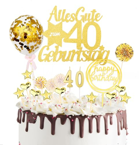 DazzJoy 19 Stück Tortendeko 40 Geburtstag Frau Mann,Gold Cake Topper 40 Geburtstag Deko,Alles Gute zum 40 Geburtstag,Torten Deko 40. Geburtstag Deko Geburtstagskerzen,Kuchendeko 40. Geburtstag Frauen