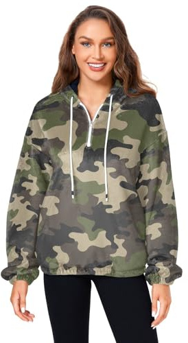 Felpa da donna con cappuccio mimetica mimetica soffice in pile maglione pullover pullover astratto, zip 1/4 felpa con cappuccio da ragazza