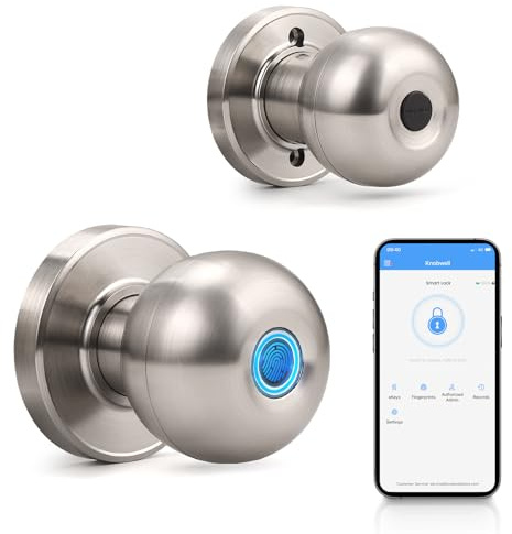 KNOBWELL Pomo de puerta de huellas dactilares, perilla de puerta inteligente con control de aplicación, cerradura de puerta de entrada sin llave de níquel satinado, cerradura biométrica con control de