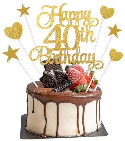 40th Birthday Cake Decorations, 7Pcs Personalised Happy 40th Birthday Cake Topper with Heart Star Cupcake Picks, Gold Glitter Happy 40 Years Old Birthday Sign for Birthday Party Supplies