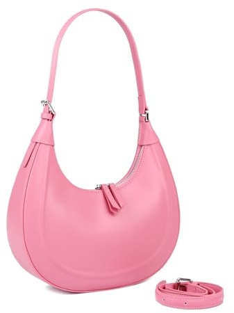 MoreFarther Handtasche Damen Klein Echtes Leder, Halbmond Tasche Schultertasche mit Verstellbarem Gurt zum Crossbody Bag Umhängetasche, Handbags for Women mit Reißverschluss (Rosa)