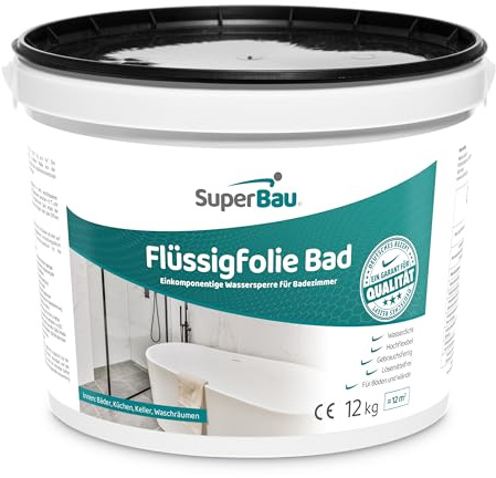 SuperBau Flüssigfolie (Grau, 12kg≈12m²) BAD & DUSCHE, Abdichten Badezimmer Fliesen, Abdichtfolie, Duschabdichtung Grau & Wasserdicht, für Boden und Wände