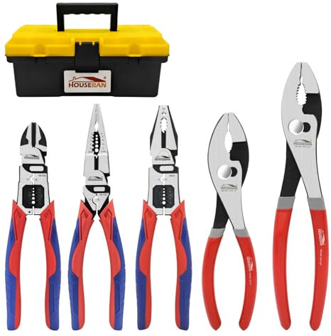 HOUSERAN 5-Piece Tool Set with Case Including 8-in and 10-in Slip Joint Pliers, 8.4” Needle Nose Pliers, 8.4” Linesman, 8.6” Diagonal Wire Cuters for DIY & Home Use