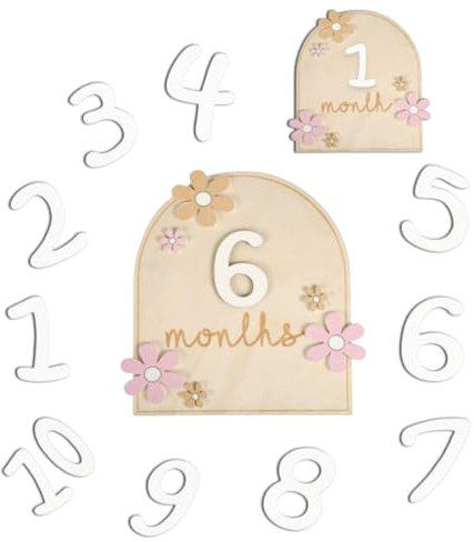 KEQAR 1 Pcs Baby Monatliche Meilenstein Karten mit Klebepunkten Blumen-Stil Baby Meilensteinkarten Holz Foto Requisiten für Kleinkinder von 0-12 Monaten Babyparty Wachstumsaufzeichnung