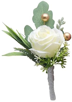 Zhhuoc 1 x Rosen-Boutonniere für Herren, Hochzeit, Bräutigam, Trauzeugen, künstliche weiße Rosen mit Stecknadeln für Hochzeit, Jahrestag, Feier, Abschlussball, Party, Heimdekoration, künstliche Blumen