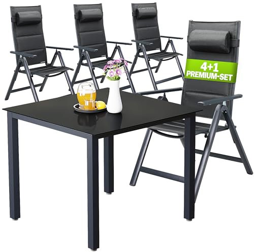 Casaria® Gartenmöbel Set 4 Stühle Klappbar mit Gartentisch Alu inkl. Kopfkissen 8-Fach verstellbare Rückenlehne 90x90cm Wetterfest Outdoor Terrasse Balkon Sitzgruppe Anthrazit