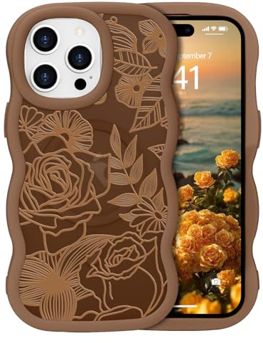 L-FADNUT for iPhone 13 Pro Max Rose Case Compatible with Magsafe, Gold | Wavy Frame Translucent Matte Magnetic Flower Pattern Phone Case for Women, Girly Floral Back Anti-scratch Protective Cover
