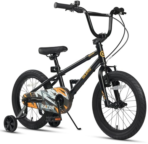 Glerc Razor 16 Zoll Kinderfahrrad für 4-7 jährige Jungen Jugendliche erstes BMX Style Fahrrad mit Ständer & Sicherheitsklingel & abnehmbaren Stützrädern, Schwarz