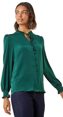 Roman Originals Ruffle Front Tie Neck Blouse for Women UK - Ladies Everyday Autumn Winter Round Neckline Comfy Soft Evening Vacation Work Party Night Out - Green - Size 12
