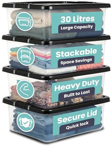 TANNESS - 4 Pack 30L Underbed Storage Boxes with Lids | Clear Plastic Storage Containers with Black Lids | Stackable Storage Boxes for Home, Office, and Kitchen Organization