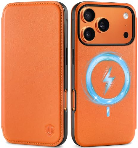 SHIELDON Dünn Lederhülle für iPhone 17 Pro 6,3 2025 5G, Orange | Rindsleder, Kabelloses Laden, 3 Kartenfach, RFID-Blocker, Handy-Ösen, Klappbare Case, Handyhülle, Cover Etui