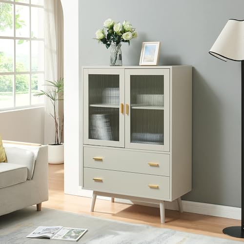 [en.casa] Vitrinenschrank Susa Bücherschrank mit 2 Schubladen 120 x 80 x 40 cm Küchenschrank mit 2 Türen Mehrzweckschrank Vitrine Beige