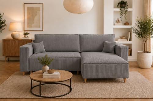 MARPUR Ecksofa mit Schlaffunktion & Bettkasten – Cord Dunkelgrau – 249x142 cm – Eckcouch L-Form – Schlafsofa Wohnlandschaft – Ottomane Universal – Couch