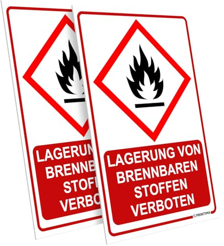 PRINTIMA 2er Set PVC Schild „LAGERUNG VON BRENNBAREN STOFFEN VERBOTEN“ 21x32 cm – Verbotsschild mit Montageset – Sicherheitskennzeichnung für Betrieb, Lager und Werkstatt