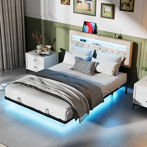 Bonnlo Polsterbett 140x200cm mit verstellbarem Kopfteil，Bettrahmen mit LED-Beleuchtung und Ladestation, Schwebebett mit Lattenrost, Leinenoptik Beige (ohne Matratze)