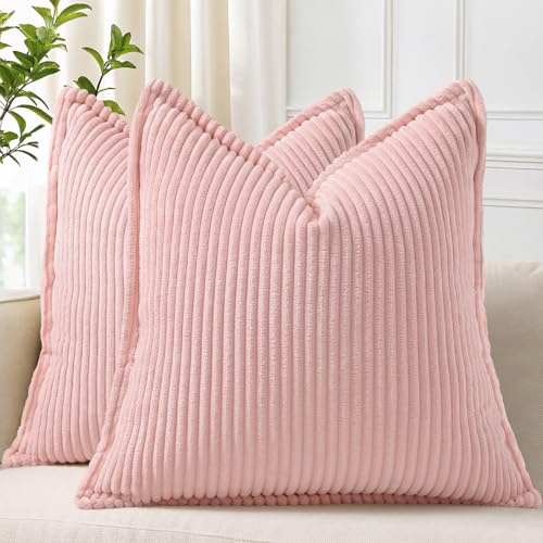 Homaxy 2er Set Kordsamt Kissenbezüge 60x60 cm Rosa | Kordsamt Auf Beiden Seiten, Fransenkanten & Streifen Design, Unsichtbarer Reißverschluss, Pflegeleicht Maschinenwaschbar
