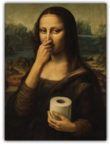 Zhixan Lustige Mona Lisa Toilette Bilder, 40x30 cm, Badezimmer Gäste-WC | Ironische Wanddeko mit Rahmen, humorvolle Mona Lisa hält sich die Nase zu