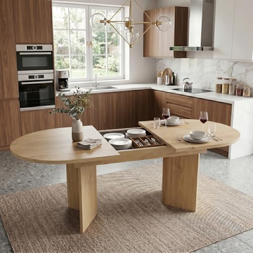 HIYYIH Ausziehbarer Esstisch Oval, 140/180 x 90 cm, Esszimmertisch im einfachen Stil, Küchentisch für 6-8 Personen, Verdickte Tischplatte, Abgerundeten Ecken, Eichenfarbe