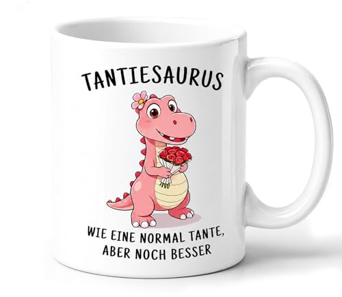 Tasse Tante Geschenk, Beidseitig Bedruckte mit Dinosaurier Motiv, Tantiesaurus Kaffeetasse 330ml, Beste Tante Geschenk, Witziger Keramikbecher, Geburtstagsgeschenk