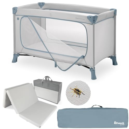 hauck Dream n Play Plus Baby Reisebett Set - Dusty Blue | inkl. Matratze & Insektenschutz | faltbares Kinder Reisebett mit großem Seiteneingang und Tasche