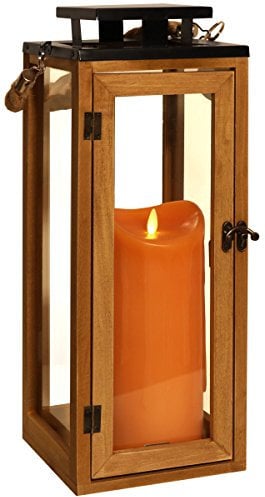 Dekovita 42cm Holz-Laterne - Gartenlaterne inkl. 23m LED Echtwachs-Kerze Orange Wachstropfen mit 5h-Timer