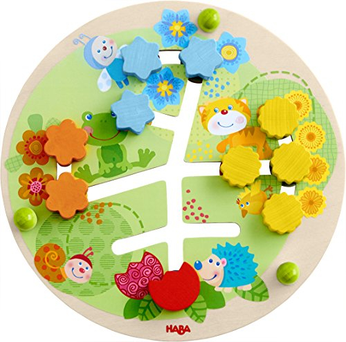 HABA 303852 - Motorikbrett Blumen , Holzspielzeug ab 12 Monaten , Lustiger Schiebespaß mit buntem Blumenwiesenmotiv , Rückseite mit Zahlenspiel