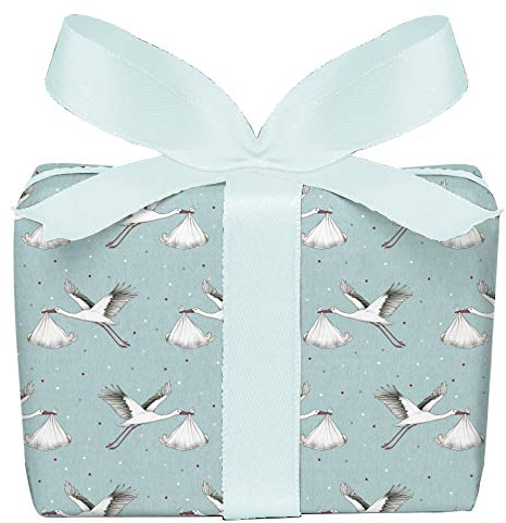 3er Set 3 Bögen Geschenkpapier zur Geburt Storch Baby mint, Verpackung Geschenke zur Geburt Taufe Glückwunsch, gedruckt auf PEFC zertifiziertem Papier, 50 x 70 cm