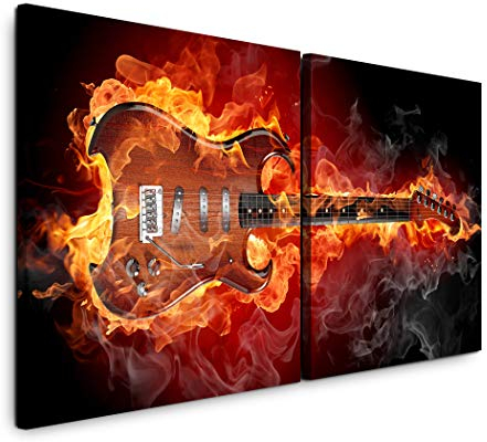 Paul Sinus Art GmbH brennende Gitarre 120x60cm - 2 Wandbilder je 60x60cm Kunstdruck modern Wandbilder XXL Wanddekoration Design Wand Bild