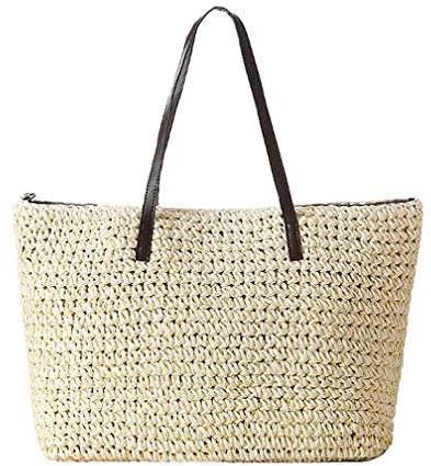 TININNA Frauen stilvolle einfache Sommer Strandtasche Handgemachte Strohtasche gewebte Reise Umhängetasche Stroh Schultertasche Einkaufstasche