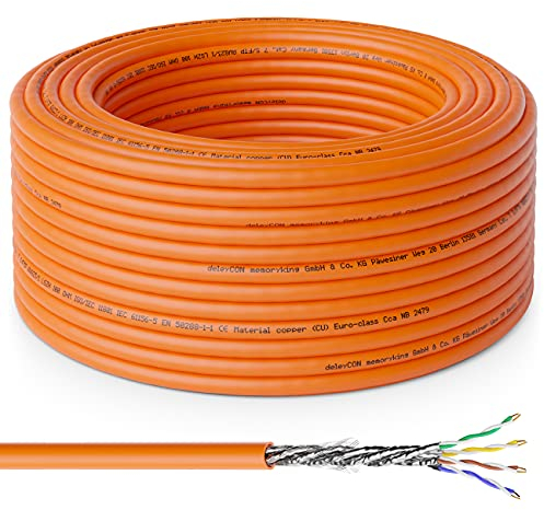 deleyCON 30m CAT.7 Cable de Instalación Cobre Rígido S/FTP PIMF, de Red LAN Ethernet Cable de Datos Gigabit CAT7 10Gbit 1000MHz LSZH Libre de Halógenos DoP - Certificado GHMT, Naranja, para Servidor