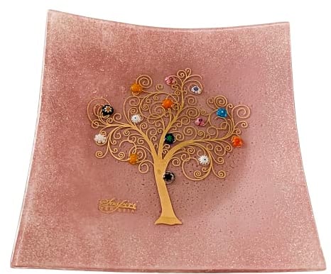 Sospiri Venezia Bandeja cuadrada Árbol de la vida de cristal de Murano con murrines y oro, plato decorativo artesanal italiano 19x19 cm color rosa