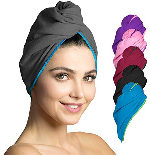 Fit-Flip Haarturban Mikrofaser - 1 Stück Haarhandtuch mit Knopf - schnelltrocknend und saugstark - Microfaser Kopf Turban - Haar Handtuch (dunkelgrau-blau)