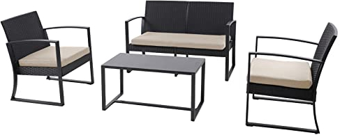 SVITA LOIS XL Poly Rattan Sitzgruppe Gartenmöbel Metall-Garnitur Balkonmöbel Tisch Sessel Schwarz