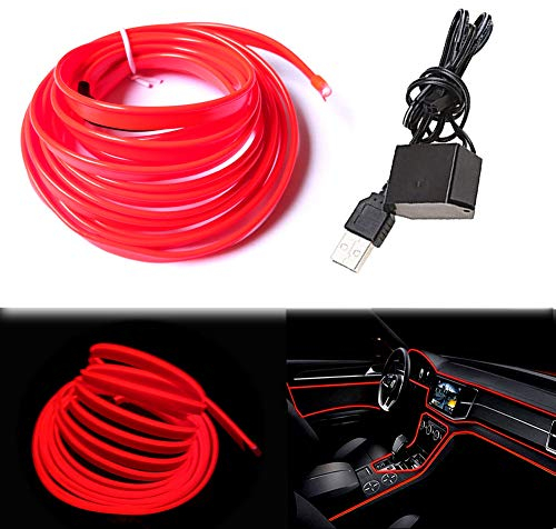 Balabaxer USB EL-Wire Rot, 3M/9.8FT Flexible Neonlichtröhre DC 5V Neonröhre Innenraumlichtleiste für Autoinnenraum, Lücke Dekorationsbeleuchtung.